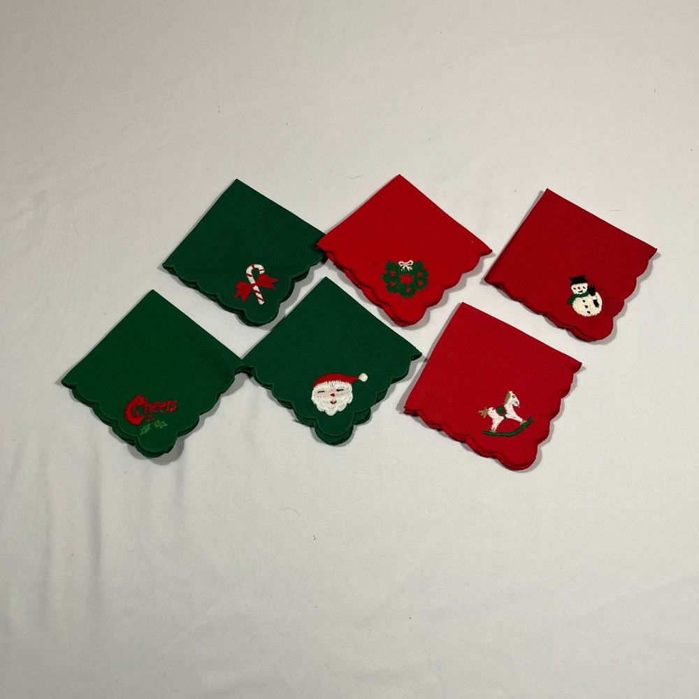 Holiday Cocktail Napkins 6.5in Red Green Embroidered Christmas Set of 6